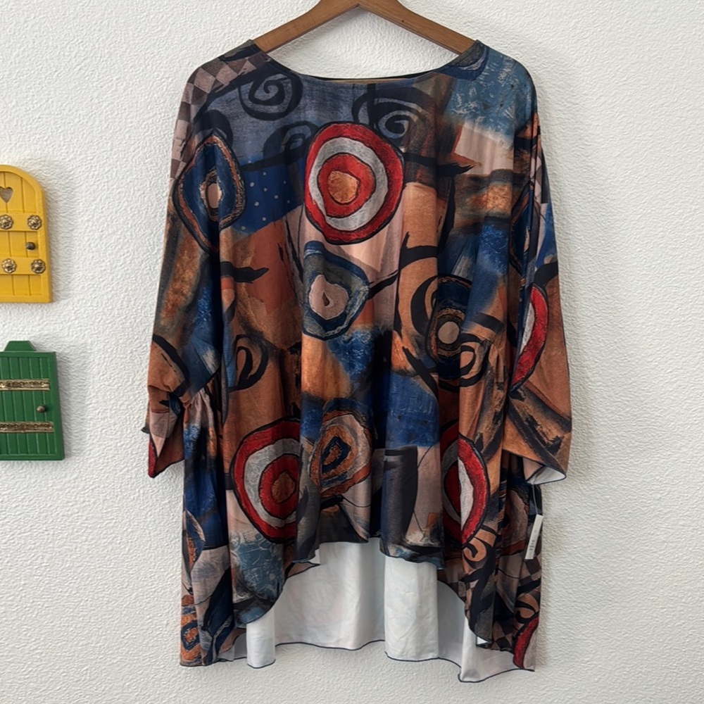 3 Potato Multicolor Abstract Tunic Top High Low Hem Flowy Size XS/SMALL Earth
